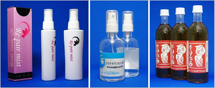 プロテオグリカン利用製品（左：化粧品、中：化粧品用素材、右：りんご酢）（画像）