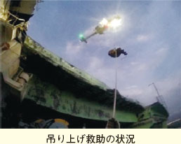 吊り上げ救助の状況。ヘリコプターを使って船員を救助している様子の写真