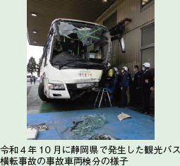 令和４年10 月に静岡県で発生した観光バス横転事故の事故車両検分の様子