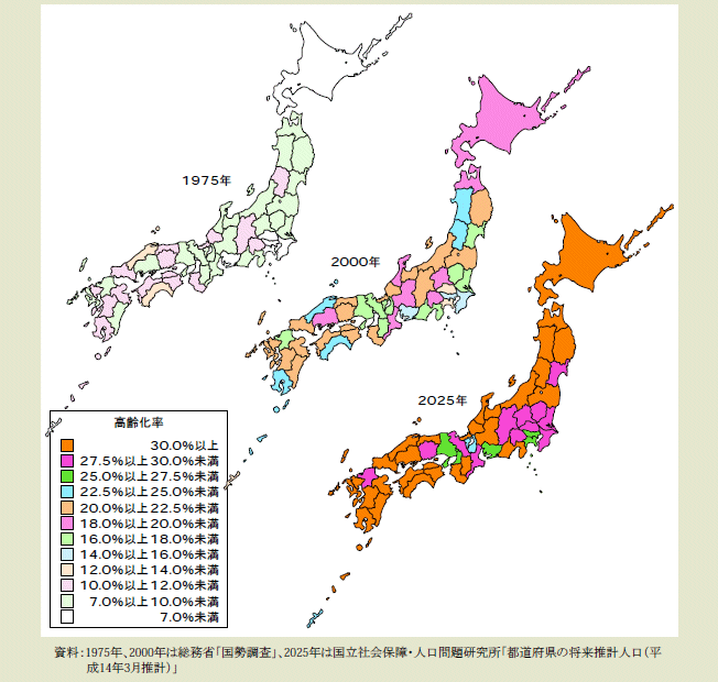 都道府県別にみた高齢化率の推移と将来推計を示した日本地図