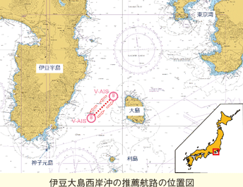 伊豆大島西岸沖の推薦航路の位置図。伊豆半島と大島の間に航路が示されている
