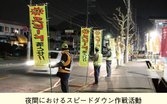 夜間におけるスピードダウン作戦活動。走行する自動車に「キケン スピード落とせ!!」と書かれたのぼり旗を掲げている警察官と自治会会員の写真
