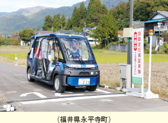 （福井県永平寺町）。自動運転車に乗っている人と、道路脇に「自動走行実証実験 実施中」と書かれた看板の写真