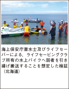 海上保安庁潜水士及びライフセーバーによる，ライフセービングクラブ所有の水上バイクへ溺者を引き揚げ搬送することを想定した検証（北海道）。写真