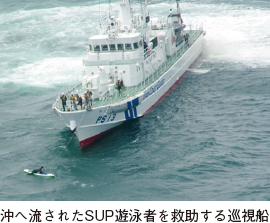 沖へ流されたSUP遊泳者を救助する巡視船。遊泳者を救助する巡視船の乗組員