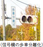 （信号機の歩車分離化）。「歩車分離式」の表示板がある信号機