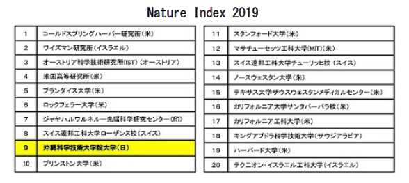 Nature Index正規化ランキング2019の表