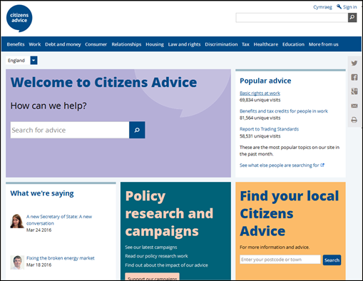 Citizens Adviceウェブサイト　トップページの画面