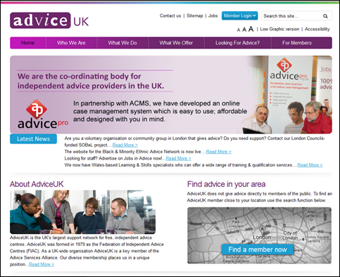 Advice UKウェブサイト　トップページの画面