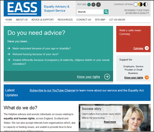 Equality Advisory & Support Servicesウェブサイト　トップページの画面
