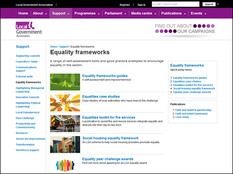 地方政府協会ウェブサイト　平等フレームワーク紹介ページの画面