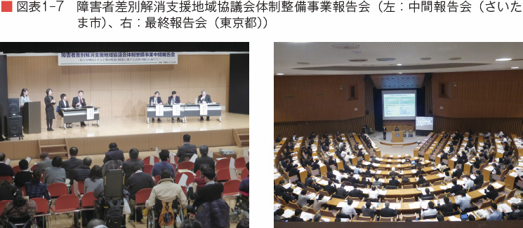 障害者差別解消支援地域協議会体制整備事業報告会（左：中間報告会（さいたま市）、右：最終報告会（東京都））